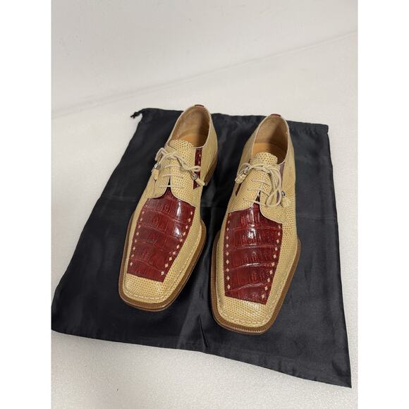 David Eden Shoes Mens Size 9 Beige Burgundy Exotic Leather Lace Up Handmade - Picture 1 of 14